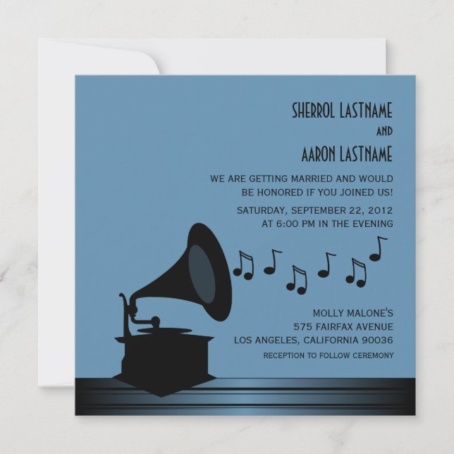 Black/Blue Vintage Gramophone Wedding Invite2 Invitation (Front)