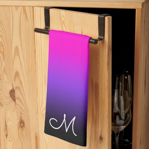 Black Blue Violet and Neon Pink Ombre Monogram Kitchen Towel