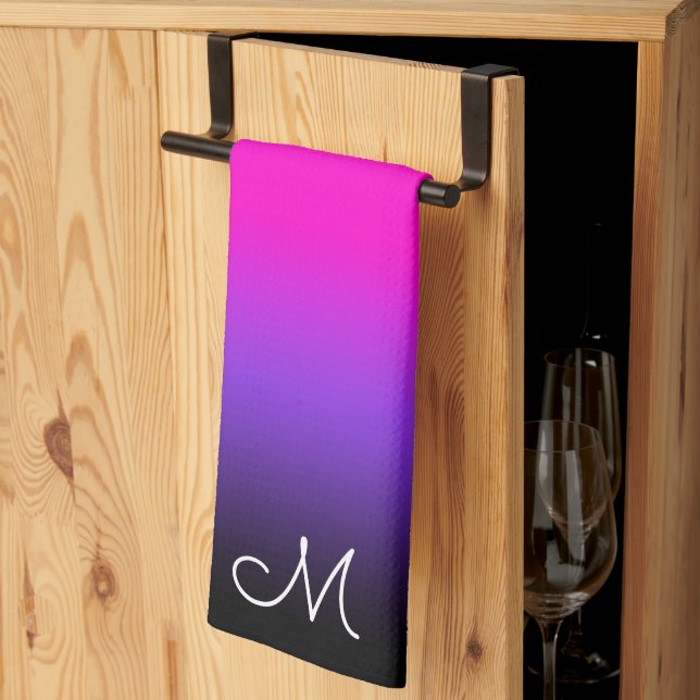 Black Blue Violet and Neon Pink Ombre Monogram Kitchen Towel (Thirds Fold)