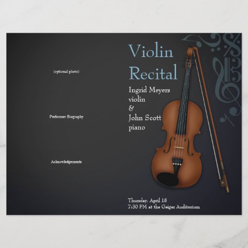 Black  Blue Violin Viola Folded Recital Program