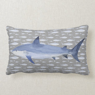 Black & Blue Watercolor Monogram Shark Print Lumbar Pillow