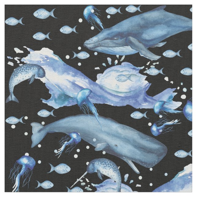 Black | Blue Watercolor Ocean Marine Life Pattern Fabric (Close Up)