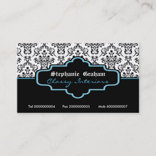 Black blue white damask interiors business card template
