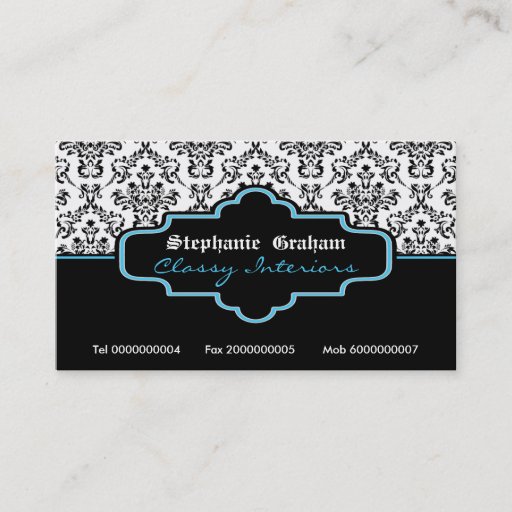 Customizable Black blue white damask interiors business card template