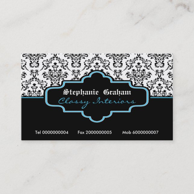 Black blue white damask interiors business card (Front)