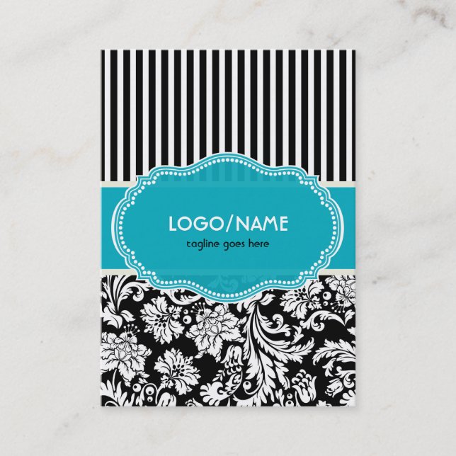 Black Blue & White Floral Damasks 2-Customized Business Card (Front)