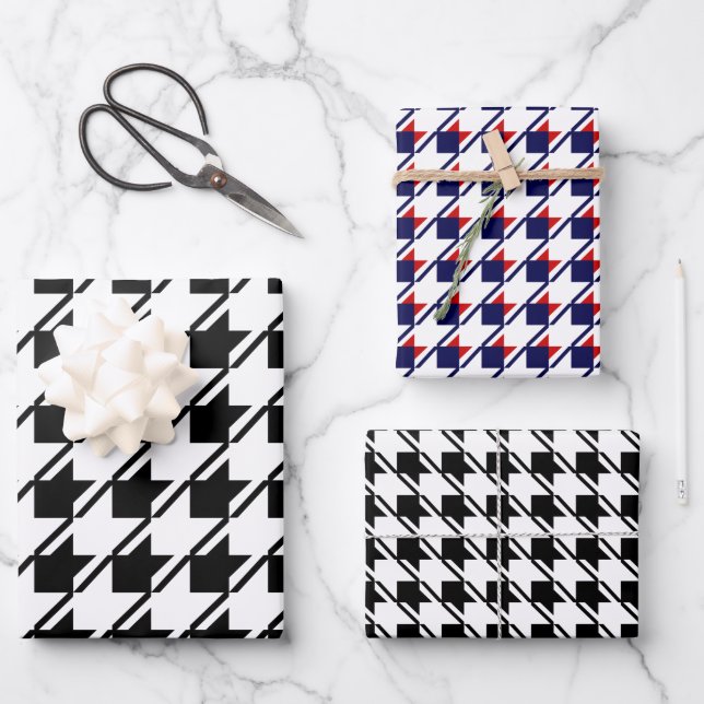 Black Blue White Houndstooth Wrapping Paper Sheets (Front)