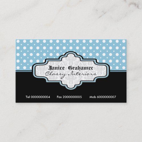 Black blue white polka dot interiors business card