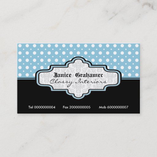 Customizable Black blue white polka dot interiors business card
