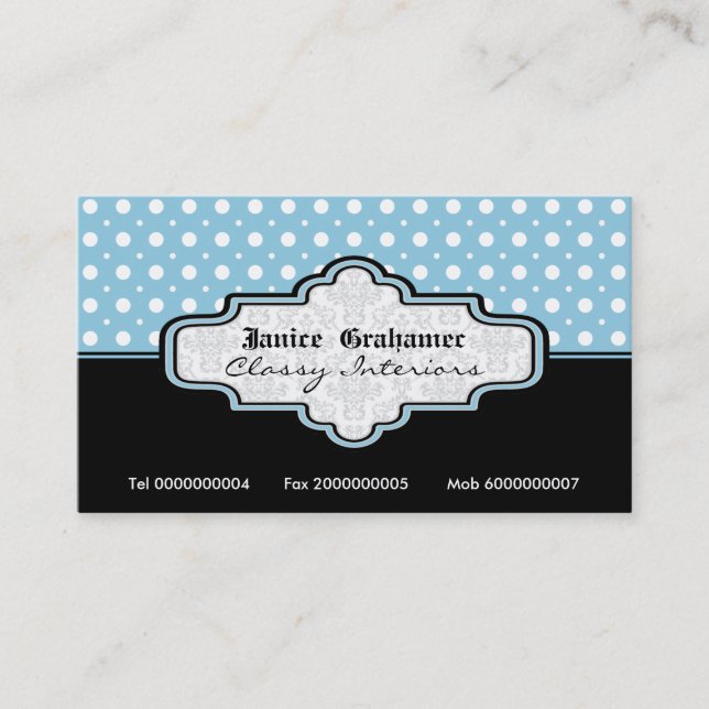 Black blue white polka dot interiors business card (Front)