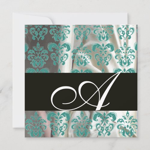 BLACK BLUE WHITE SILK DAMASK CLOTH MONOGRAM INVITATION