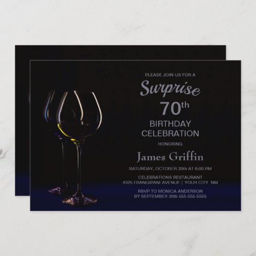 Black Blue Wine Champagne Surprise 70th Birthday Invitation