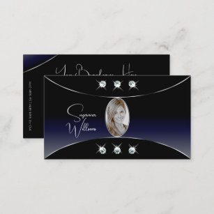 Black Blue with Silver Decor Diamonds and Photo Business Card