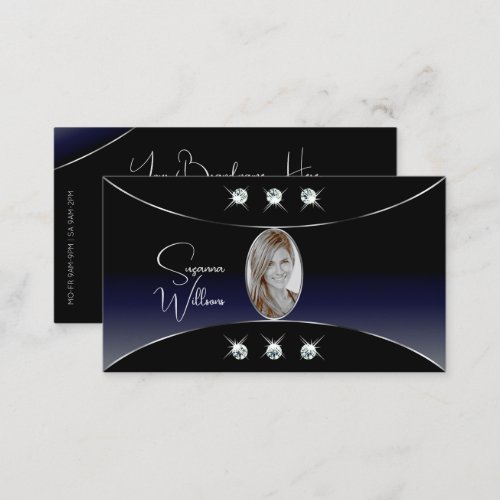 Black Blue with Silver Decor Diamonds and Photo Business Card