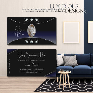 Black Blue with Silver Decor Diamonds and Photo Business Card
