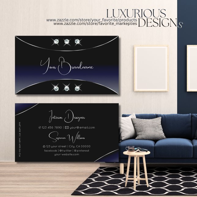 Black Blue with Silver Ornate and Sparkly Diamonds Business Card (Creator Uploaded)