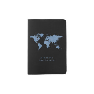 Black Blue World Map Simple Minimal Personalized Passport Holder