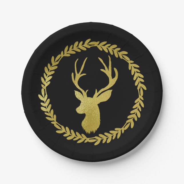 Black Blue Wreath Deer Antlers Christmas Paper Plates (Front)