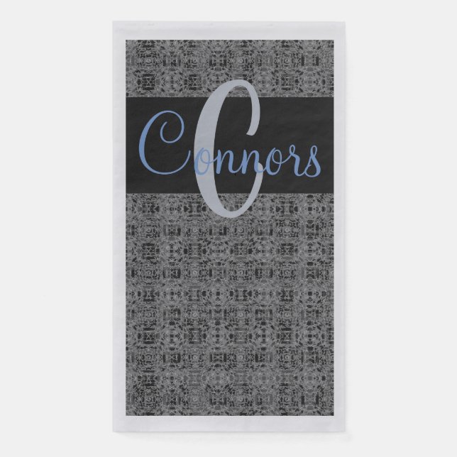 Black Blue X's and O's Pattern Grey Monogram Paper Guest Towels (Front)