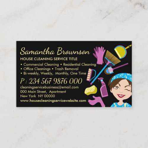 Black Blue Yellow Cleaning Janitorial Lady Maid Business Card