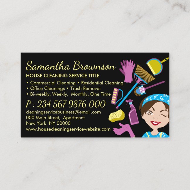 Black Blue Yellow Cleaning Janitorial Lady Maid Business Card