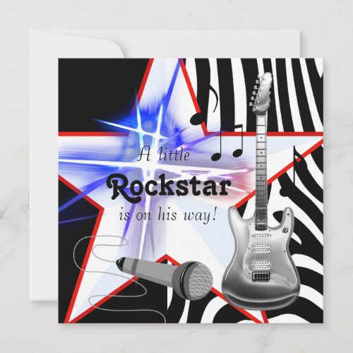 Black Blue Zebra Rockstar Baby Boy Shower Invitations