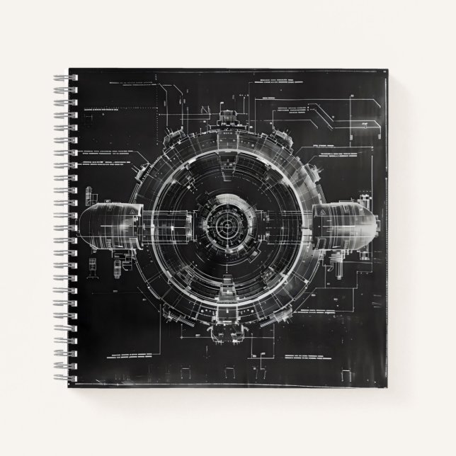 Black Blueprint Sci-Fi Space Station Notebook (Front)