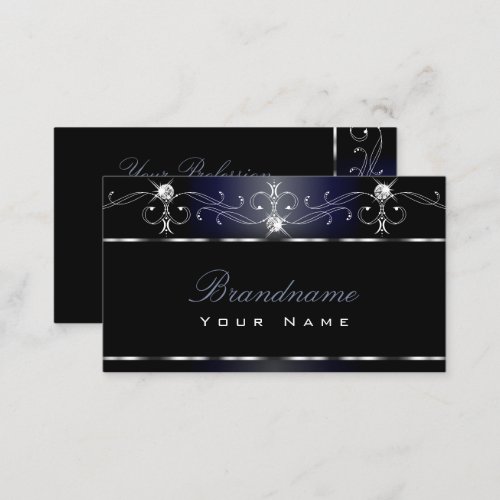 Black Bluish Squiggles Sparkling Diamonds Ornate Business Card