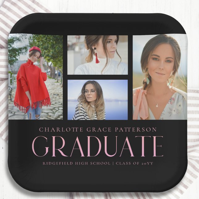 Black Blush 4 Photo Graduation Party Collage Paper Plates (Creator Uploaded)