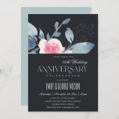 BLACK BLUSH BLUE FLORAL 25th ANY YEAR ANNIVERSARY Invitation (Front/Back)