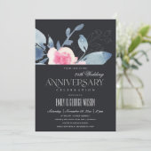 BLACK BLUSH BLUE FLORAL 25th ANY YEAR ANNIVERSARY Invitation (Standing Front)