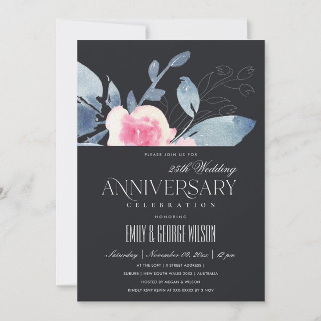 BLACK BLUSH BLUE FLORAL 25th ANY YEAR ANNIVERSARY Invitation (Front)