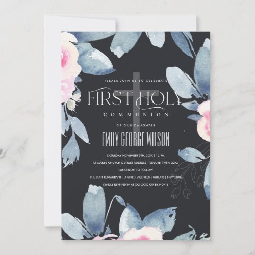 BLACK BLUSH BLUE FLORAL BUNCH FIRST HOLY COMMUNION INVITATION