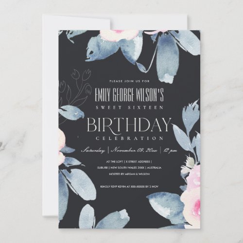 BLACK BLUSH BLUE FLORAL SWEET 16 ANY AGE BIRTHDAY INVITATION