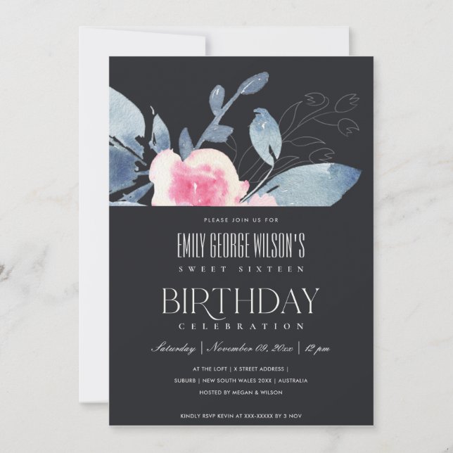 BLACK BLUSH BLUE FLORAL SWEET 16 ANY AGE BIRTHDAY INVITATION (Front)