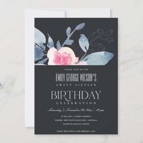 BLACK BLUSH BLUE FLORAL SWEET 16 ANY AGE BIRTHDAY INVITATION