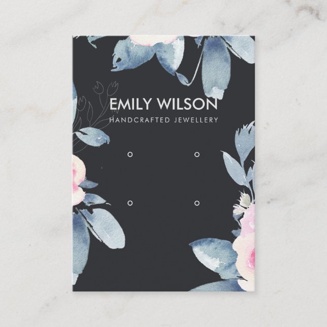 BLACK BLUSH BLUE FLORAL TWO EARRING DISPLAY LOGO BUSINESS CARD (Front)