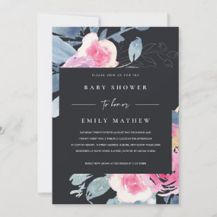 BLACK BLUSH BLUE FLORAL WATERCOLOR BABY SHOWER INVITATION