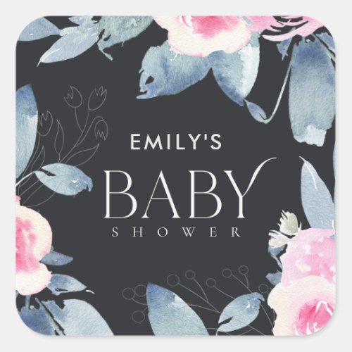 BLACK BLUSH BLUE FLORAL WATERCOLOR BABY SHOWER SQUARE STICKER