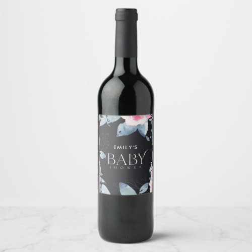 BLACK BLUSH BLUE FLORAL WATERCOLOR BABY SHOWER WINE LABEL