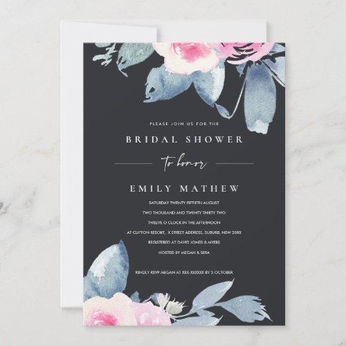 BLACK BLUSH BLUE FLORAL WATERCOLOR BRIDAL SHOWER INVITATION