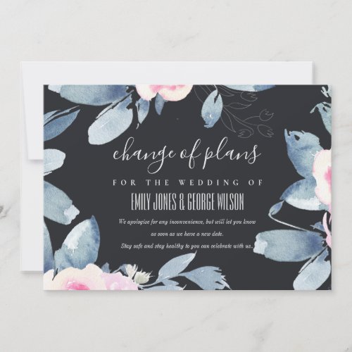 BLACK BLUSH BLUE FLORAL WEDDING CHANGE OF PLAN INVITATION