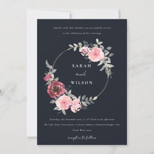 BLACK BLUSH BURGUNDY FLORAL WREATH WEDDING INVITE