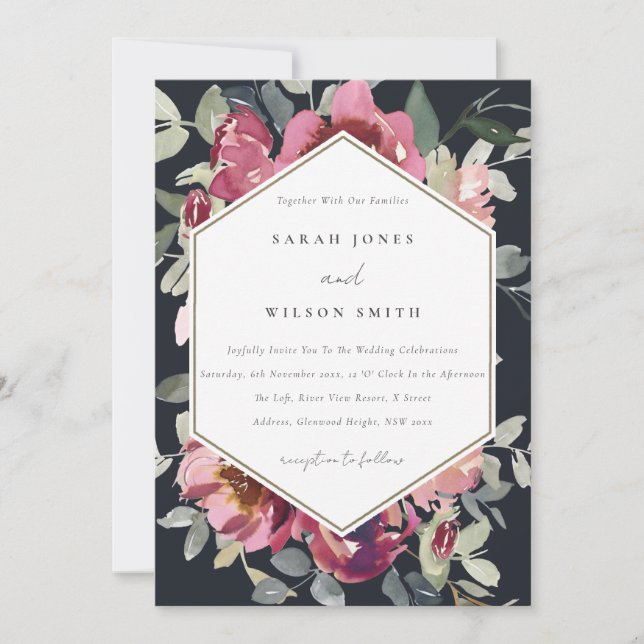 BLACK BLUSH BURGUNDY ROSE FLORAL WEDDING INVITE (Front)