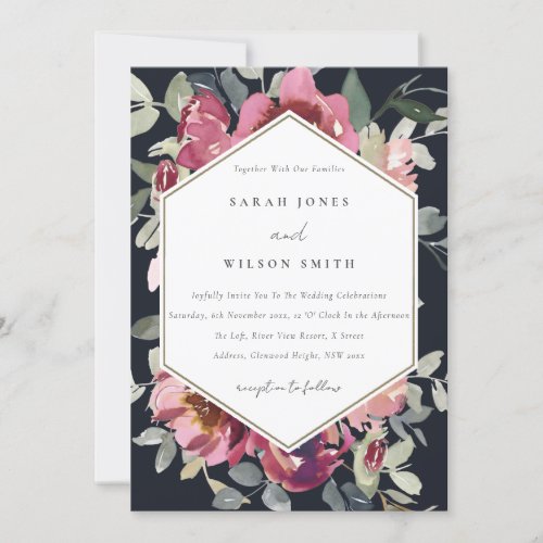 BLACK BLUSH BURGUNDY ROSE FLORAL WEDDING INVITE