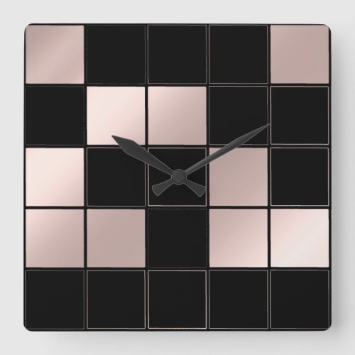 Black Blush Chessboard Square Geometry Rose Square Wall Clock