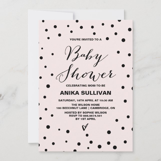 Black & Blush Confetti Dots Baby Shower Invitation (Front)