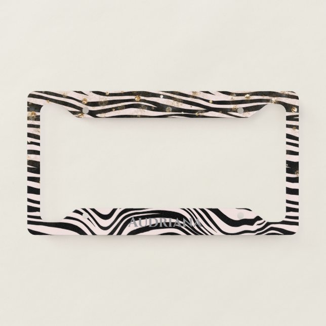 Black Blush Cream Sand Zebra Gold Sparkle License Plate Frame (Front)