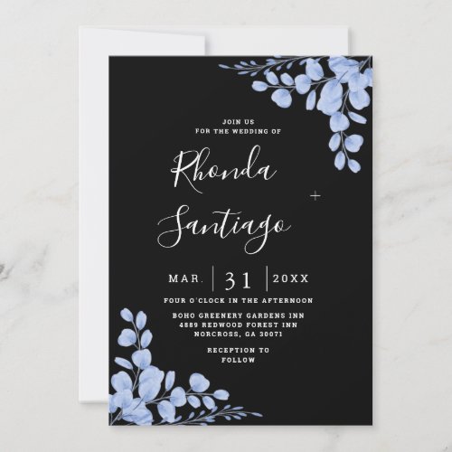 Black  Blush Dusty Blue Mauve Eucalyptus Wedding Invitation