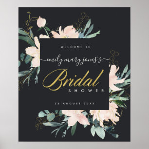 BLACK BLUSH FLORA WATERCOLOR BRIDAL SHOWER WELCOME POSTER